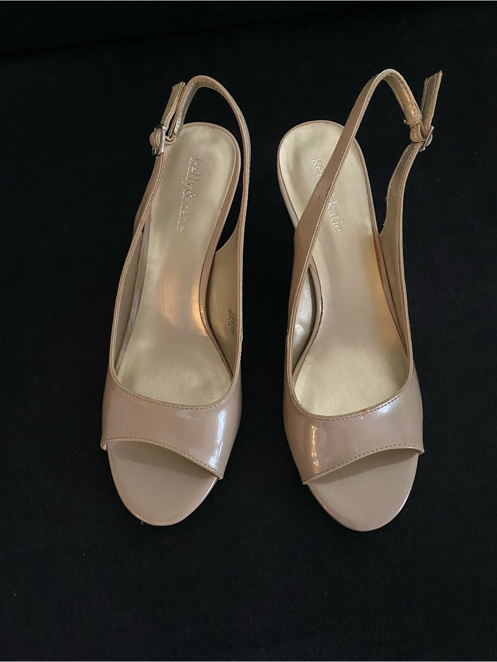 Kelly & Katie Beige Patent Slingback Peep-Toe Heels